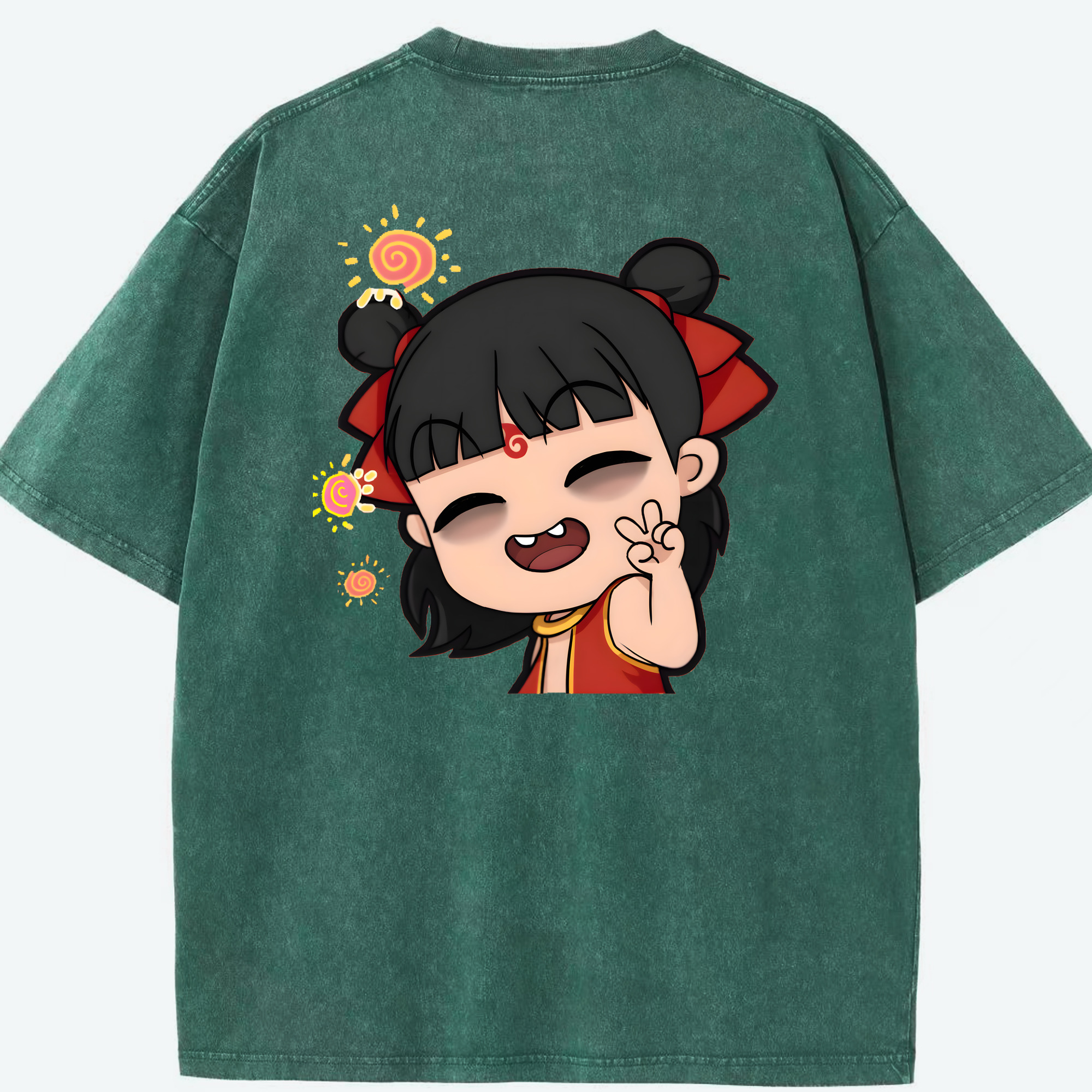 （画像用） Ne Zha 2 ナタ 魔童の大暴れ 綿100% ヴィンテージ風 半袖Tシャツ（背面プリント）